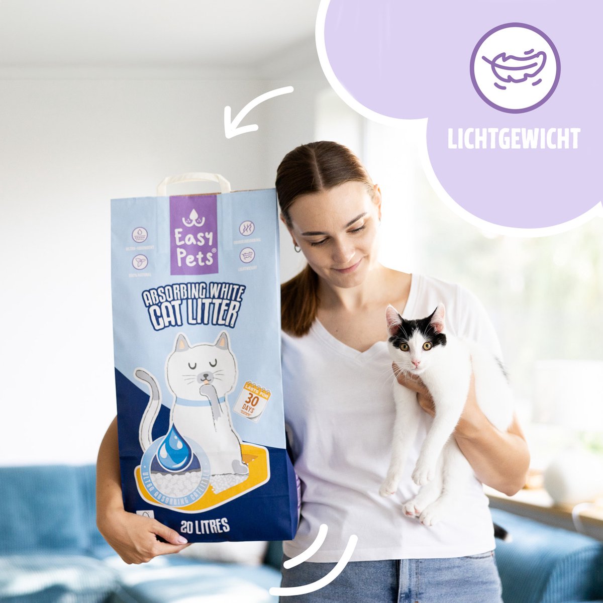 Miniatuur van productfoto 3 van EasyPets Kattenbakvulling 2x 20L - Absorberend Wit - Extra Geurcontrole - Catsanitaire Hygiëne