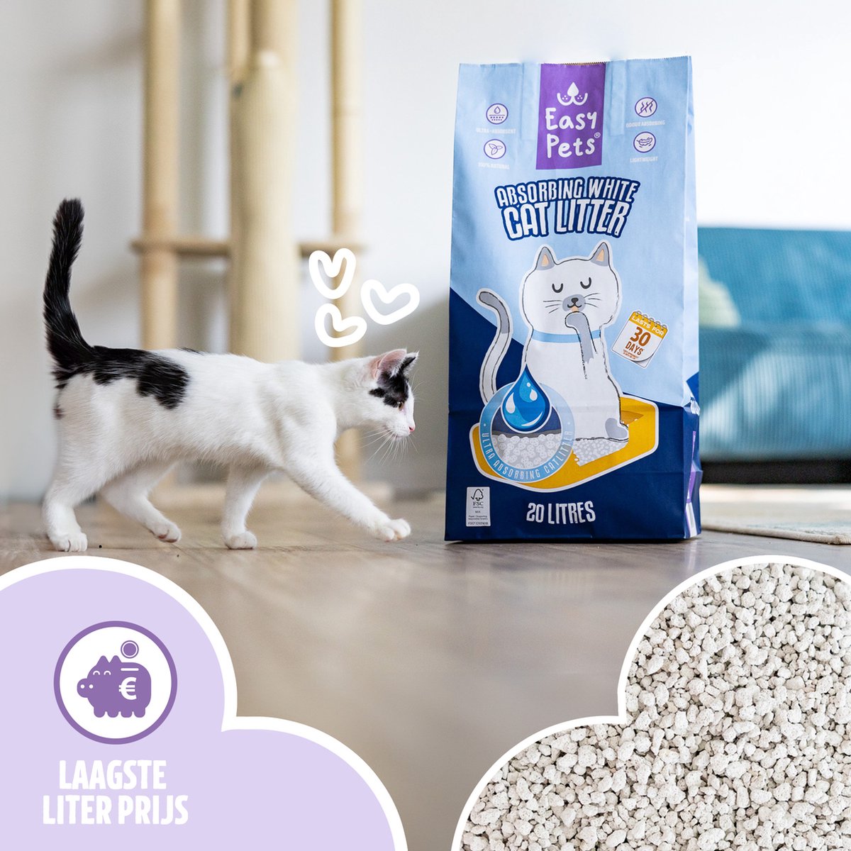 Miniatuur van productfoto 6 van EasyPets Kattenbakvulling 2x 20L - Absorberend Wit - Extra Geurcontrole - Catsanitaire Hygiëne
