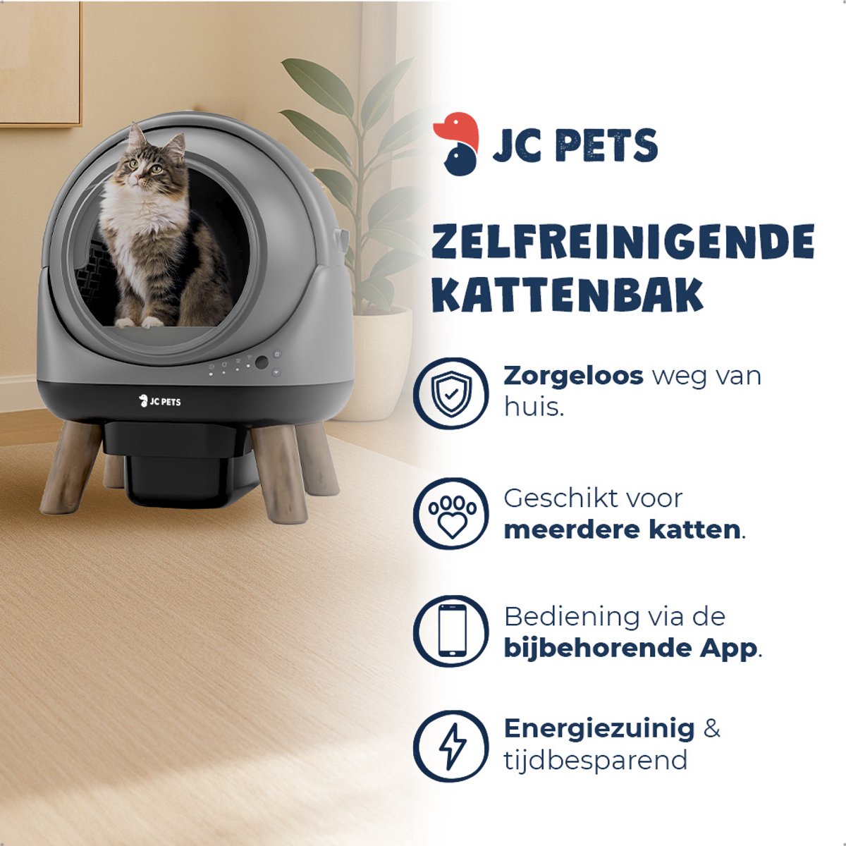 Productfoto 1 van JC Pets Zelfreinigende Automatische Kattenbak met RVS - Draadloze Drinkfontein incl. 3 Filters en Voederbak - Slimme Elektrische Kattenbak XXL 65L – Incl. Uitloopmat, Geurverdrijver & Veiligheidssensoren - Voerbak kat dispenser met Camera - Met app