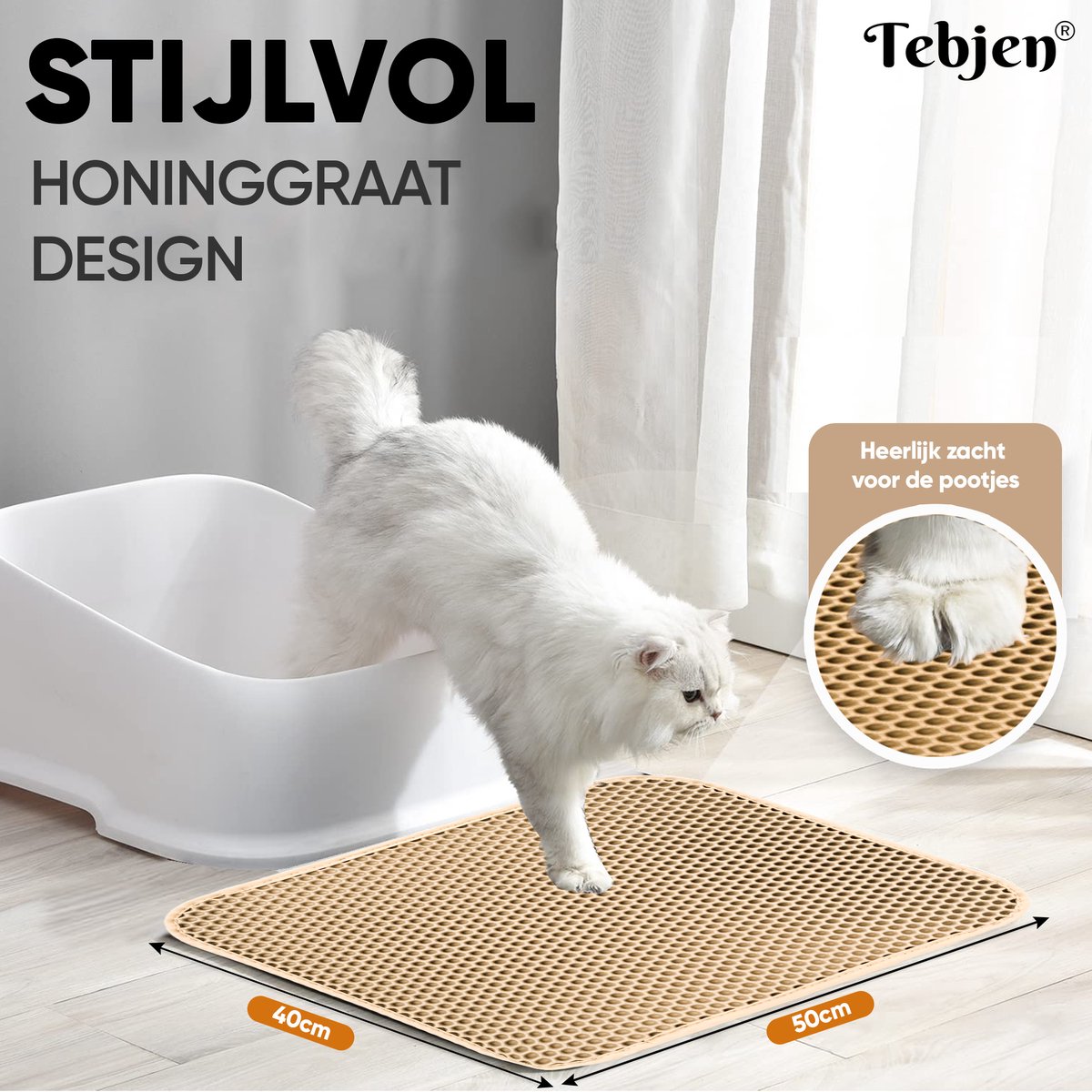 Miniatuur van productfoto 5 van TEBJEN Kattenbakmat – 40cm * 50cm - Kattenbak Mat Grit Opvanger - Schoonloop Katten mat – Dubbele Waterdichte Laag – Uitloopmat Kattenbak – Kattenbak Accessoires - Met Speelgoedmuisje En Schepje - Licht Bruin