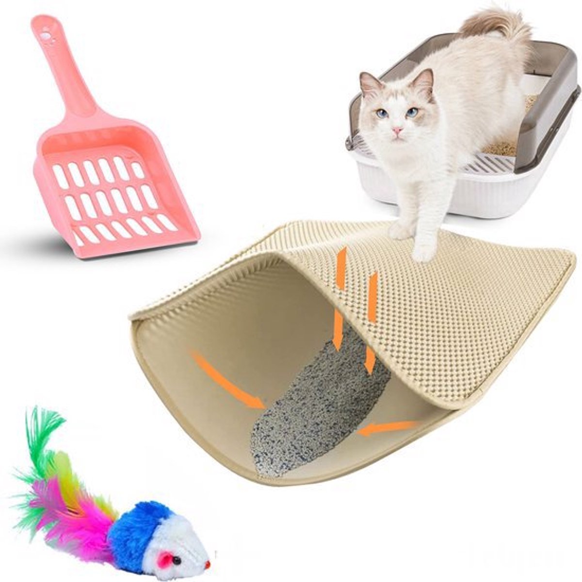 Productfoto 1 van TEBJEN XXL Kattenbakmat - 55cm * 75cm - Met Speelgoedmuisje En Schepje - Schoonloopmat Kattenbak – Katten Grit Opvanger – Dubbele Waterdichte Laag – Uitloopmat Kattenbak – Kattenverzorging – Kattenbak Accessoires - Kat Benodigdheden - Licht Bruin