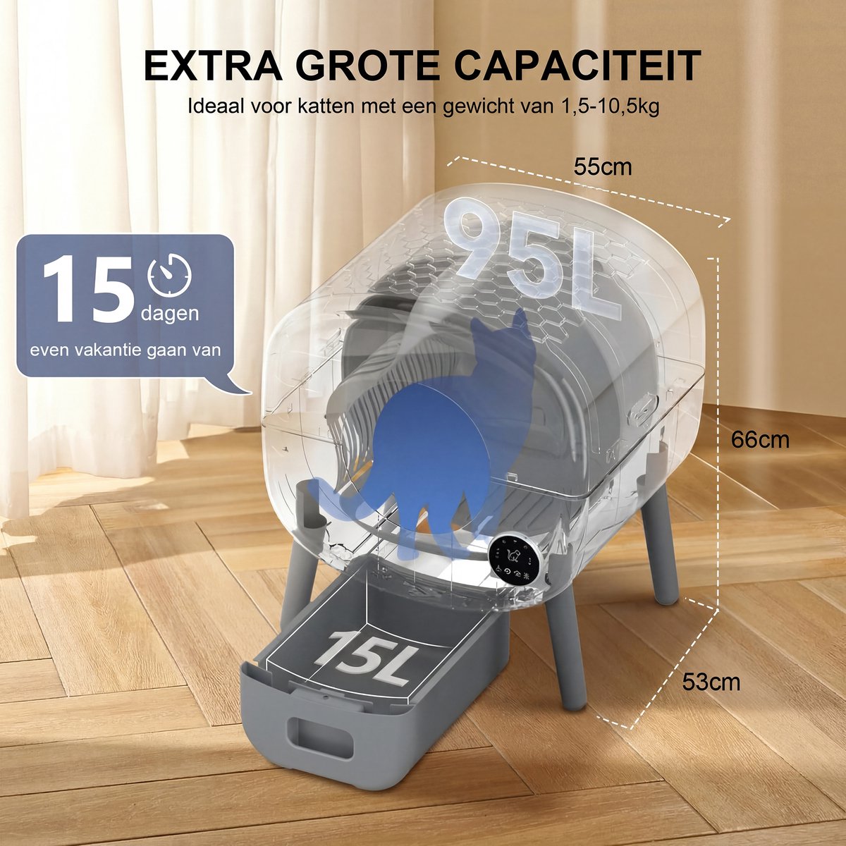 Productfoto 1 van Zelfreinigende Kattenbak - Grote Capaciteit Automatische Kattenbak -XXL 95L - Electrische Kattenbak - Incl. App-Met Kattenbakmat en 3 rollen opvangzakjes