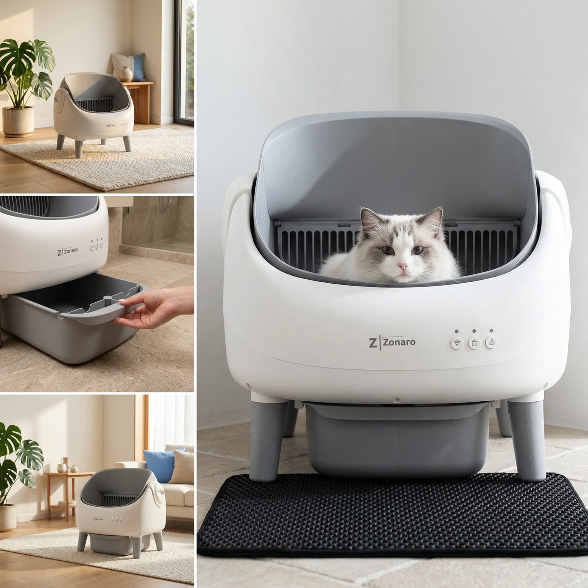 Miniatuur van productfoto 5 van Zonaro Automatische Kattenbak – Zelfreinigende Kattenbak – Elektrische Kattenbak – Robot Kattenbak – XXL – Met App Bediening – Inclusief Kattenbak Mat & Zakken – Wit/Grijs