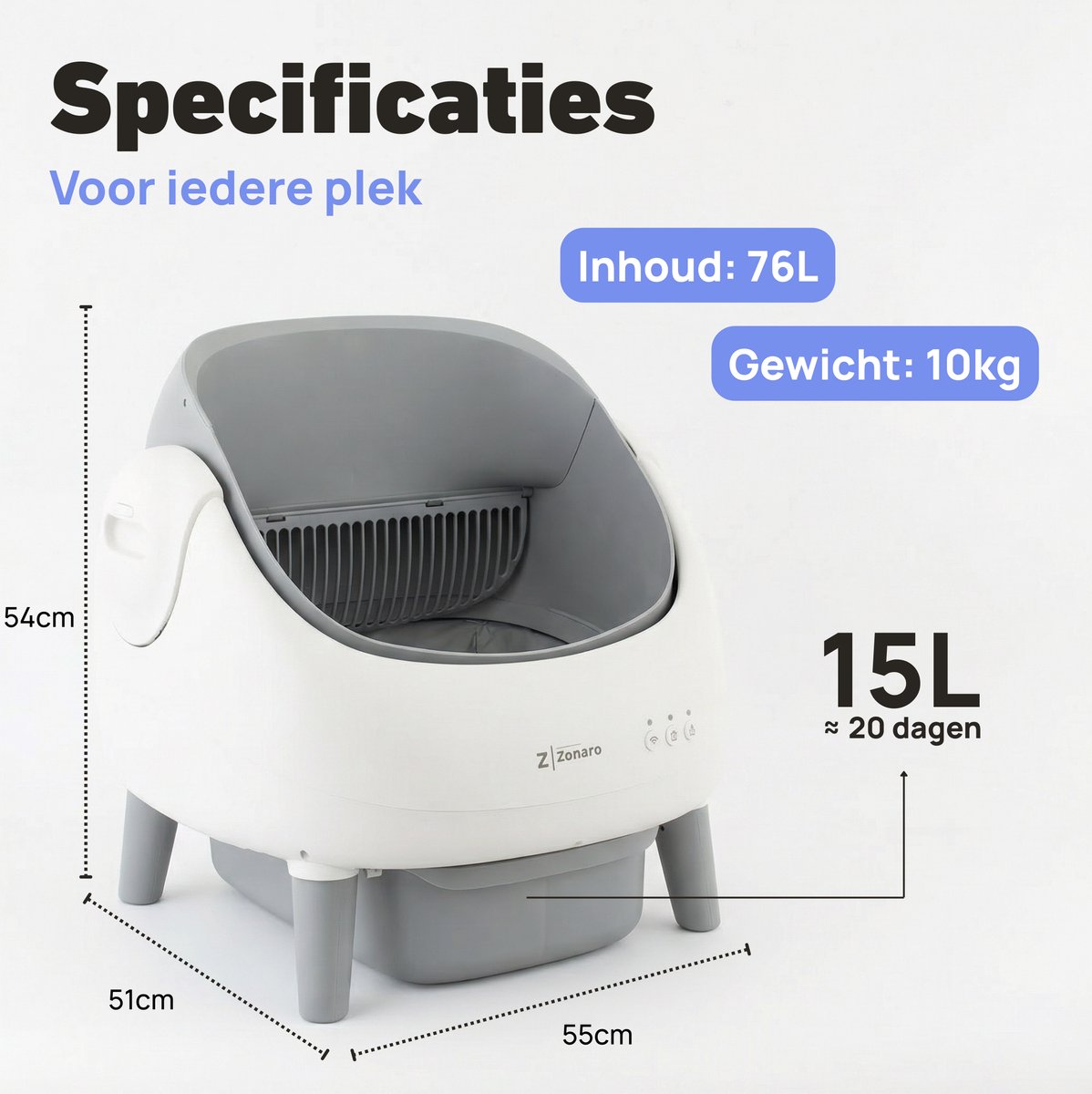 Miniatuur van productfoto 7 van Zonaro Automatische Kattenbak – Zelfreinigende Kattenbak – Elektrische Kattenbak – Robot Kattenbak – XXL – Met App Bediening – Inclusief Kattenbak Mat & Zakken – Wit/Grijs
