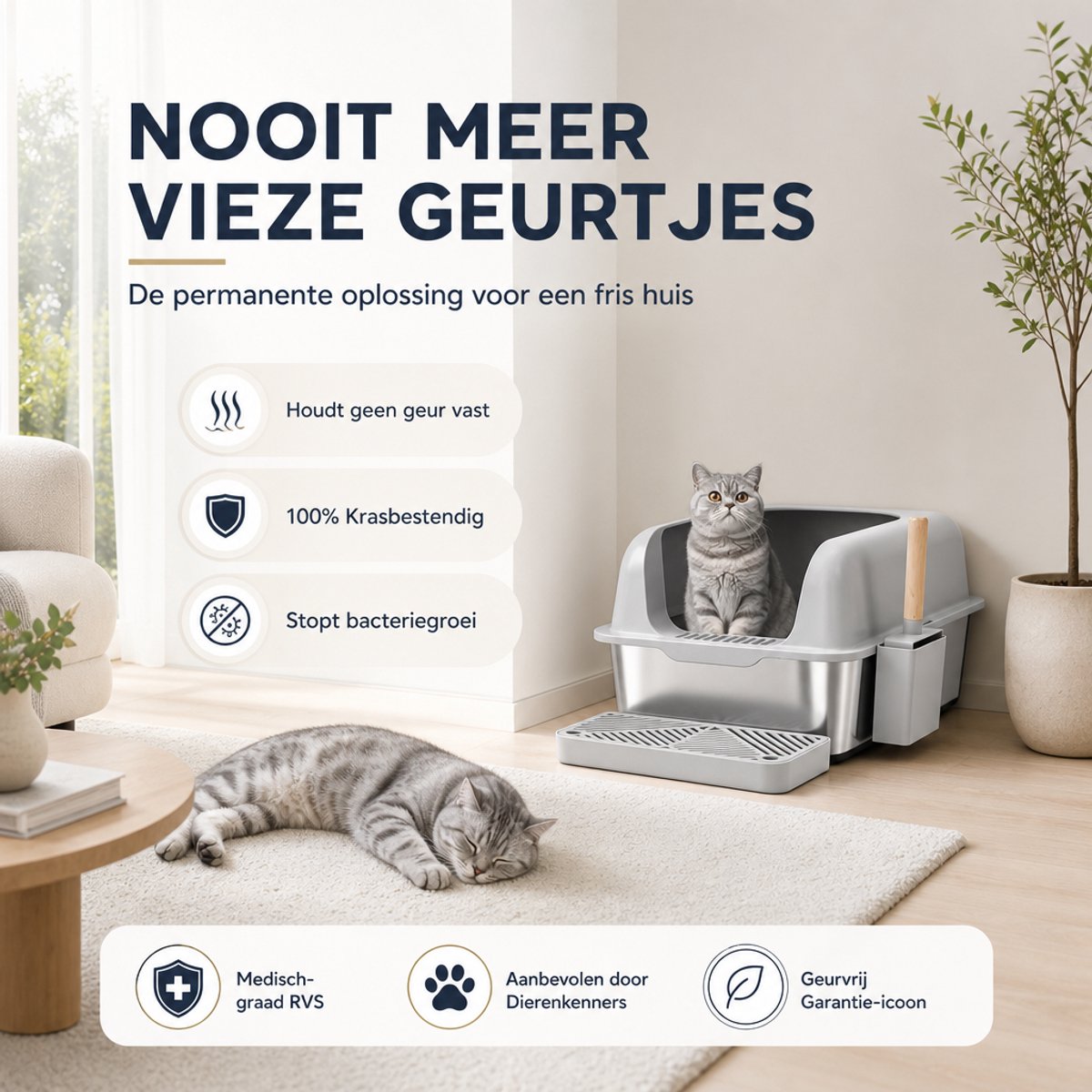Productfoto 1 van Pawhaven RVS Kattenbak - Kattentoilet Roestvrijstaal - Open Kattenbak - Incl. Kattenbakschep met Houder en Gritopvang Opstapje - 60x40x30cm - Grijs