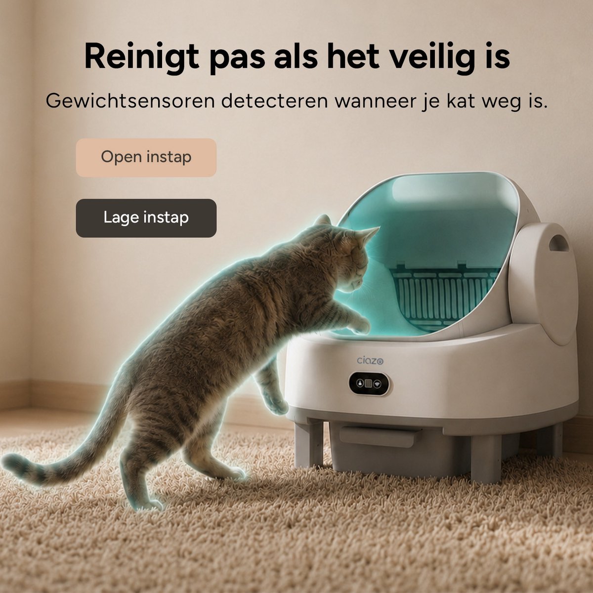 Productfoto 1 van Ciazo Smart Zelfreinigende Kattenbak – Automatische Kattenbak met App – Geurneutralisator – Easy Clean – Open Design – 65L Binnenruimte – 1 Rol Opvangzakjes