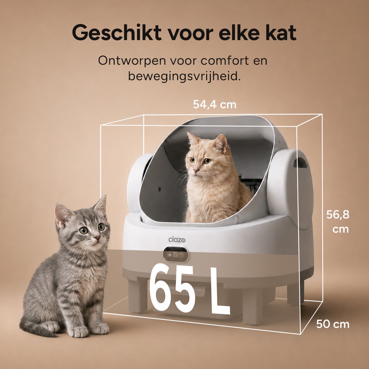 Miniatuur van productfoto 2 van Ciazo Smart Zelfreinigende Kattenbak – Automatische Kattenbak met App – Geurneutralisator – Easy Clean – Open Design – 65L Binnenruimte – 1 Rol Opvangzakjes