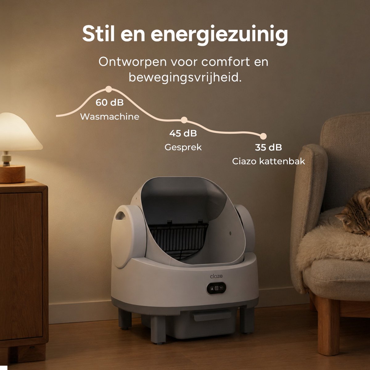 Miniatuur van productfoto 3 van Ciazo Smart Zelfreinigende Kattenbak – Automatische Kattenbak met App – Geurneutralisator – Easy Clean – Open Design – 65L Binnenruimte – 1 Rol Opvangzakjes
