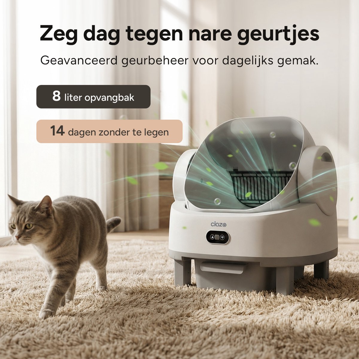 Miniatuur van productfoto 4 van Ciazo Smart Zelfreinigende Kattenbak – Automatische Kattenbak met App – Geurneutralisator – Easy Clean – Open Design – 65L Binnenruimte – 1 Rol Opvangzakjes