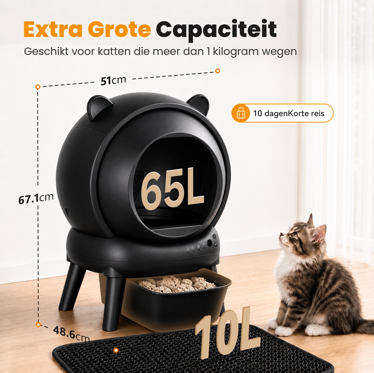 Miniatuur van productfoto 2 van Photonspace Automatische Kattenbak - Zelfreinigend Electrische Kattenbak - Bedienen via App - 65L + 10L - Incl Kattenbakmat en 1 rollen Kattenbakzakken - Slimme Waarschuwing - Gezondheidsbewaking
