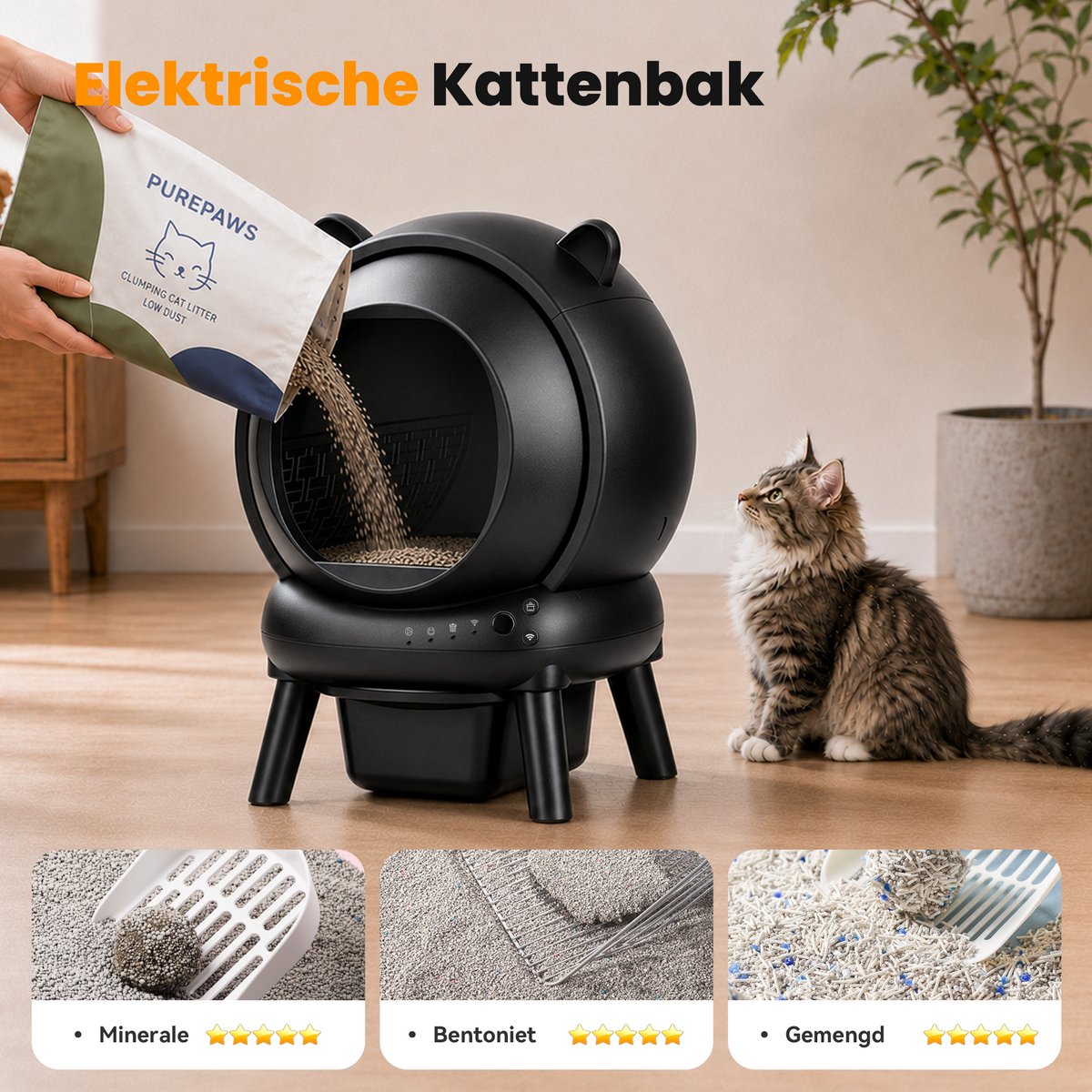 Miniatuur van productfoto 5 van Photonspace Automatische Kattenbak - Zelfreinigend Electrische Kattenbak - Bedienen via App - 65L + 10L - Incl Kattenbakmat en 1 rollen Kattenbakzakken - Slimme Waarschuwing - Gezondheidsbewaking
