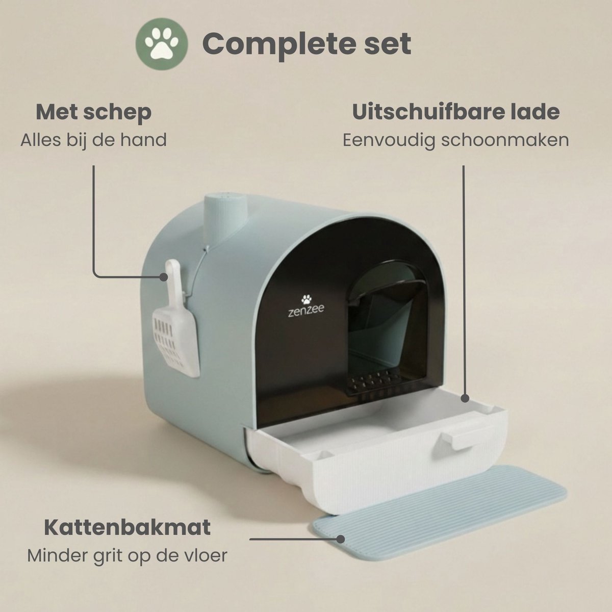 Productfoto 1 van Kattenbak - Uitneembare lade - Incl geurneutralisator - Incl. kattenbakmat & kattenbakschep - Voor grote & kleine katten - Groen