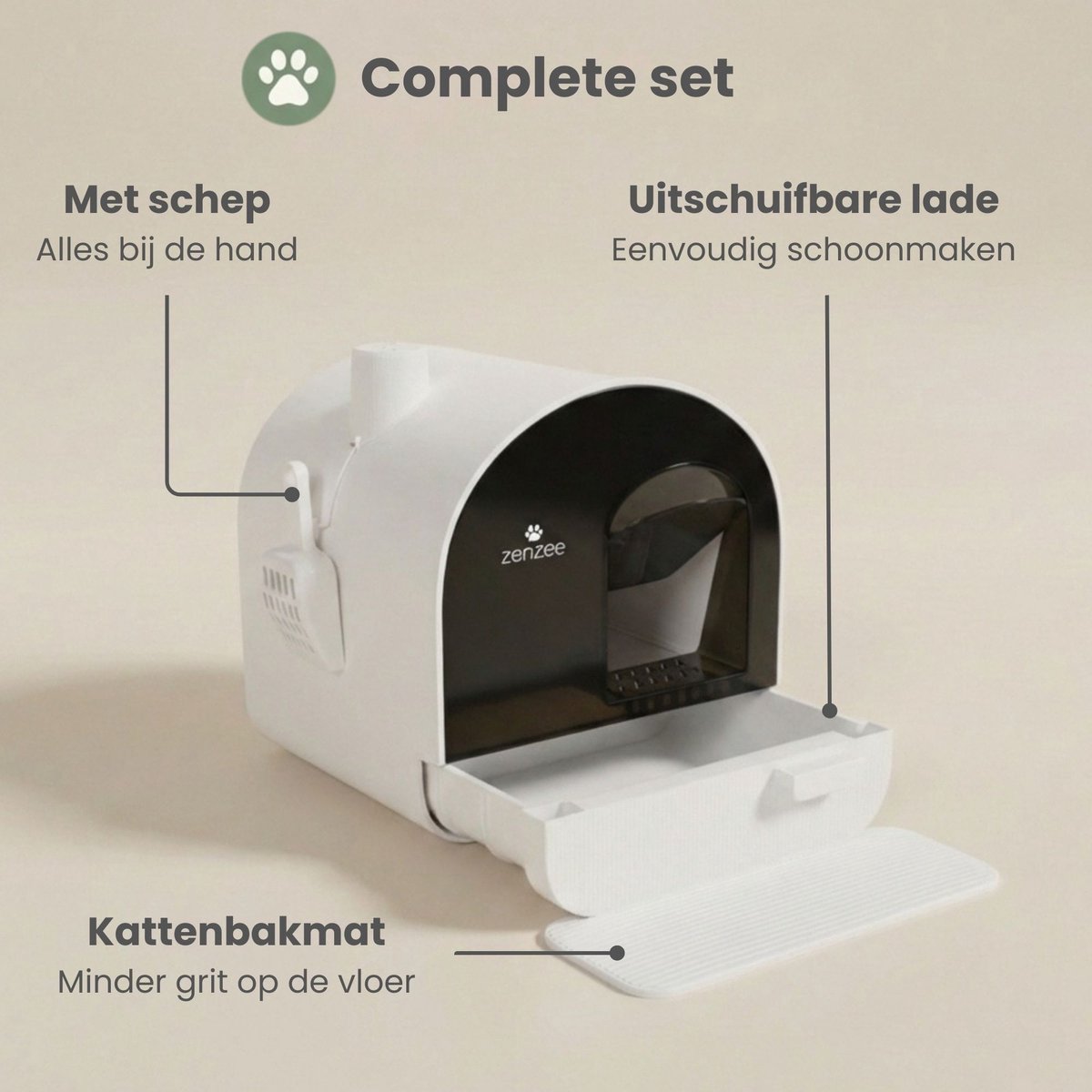 Productfoto 1 van Kattenbak - Uitneembare lade - Incl geurneutralisator - Incl. kattenbakmat & kattenbakschep - Voor grote & kleine katten - Wit