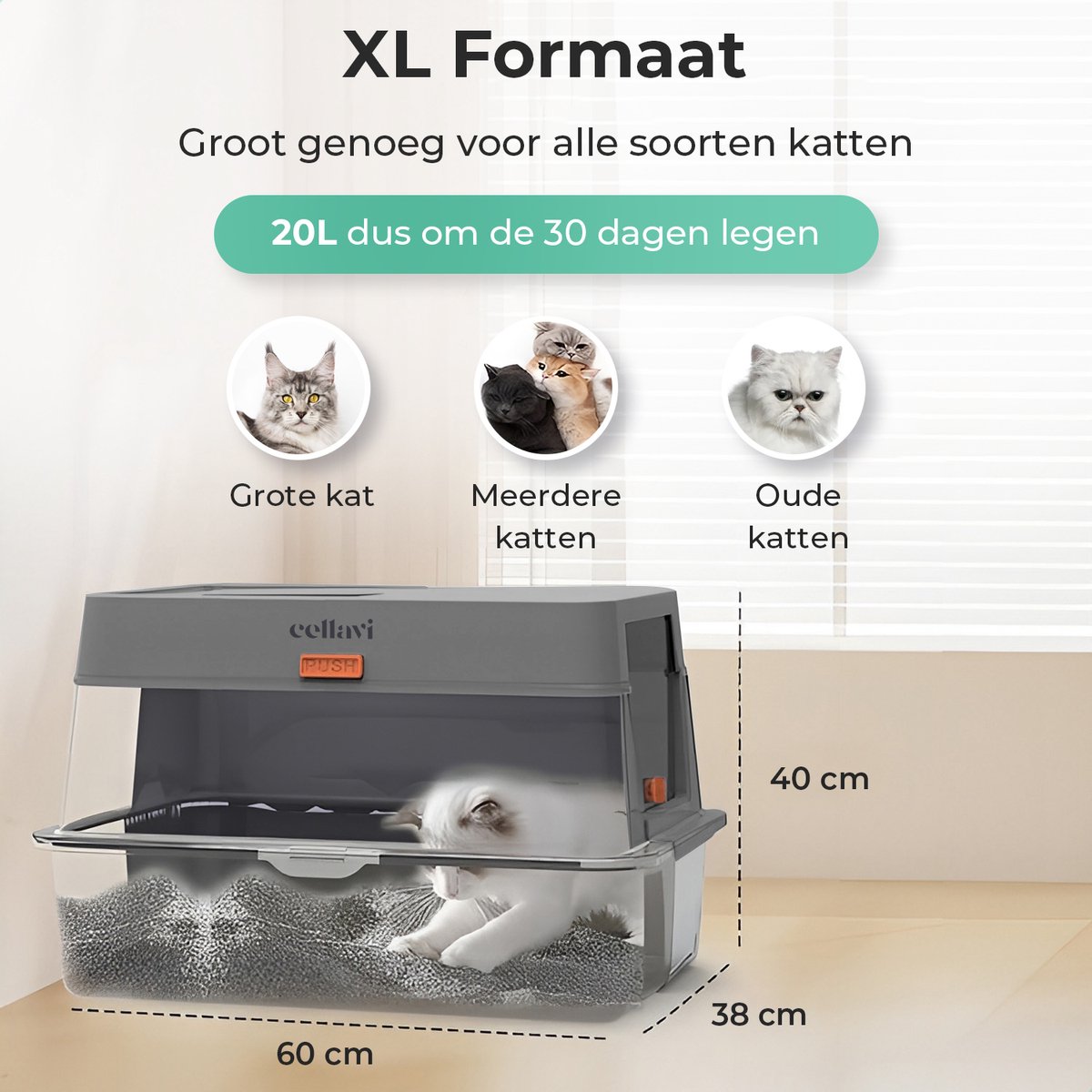 Miniatuur van productfoto 3 van Cellavi Premium Kattenbak RVS - XL - Geschikt voor Grote en Kleine Katten - Incl. Kattenbakschep en Grit Opvanger - Grijs - 60x40x38 cm