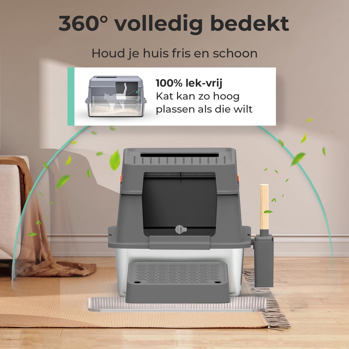 Miniatuur van productfoto 4 van Cellavi Premium Kattenbak RVS - XL - Geschikt voor Grote en Kleine Katten - Incl. Kattenbakschep en Grit Opvanger - Grijs - 60x40x38 cm