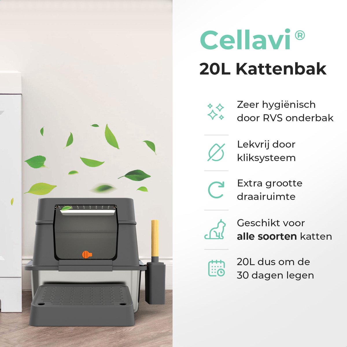 Miniatuur van productfoto 5 van Cellavi Premium Kattenbak RVS - XL - Geschikt voor Grote en Kleine Katten - Incl. Kattenbakschep en Grit Opvanger - Grijs - 60x40x38 cm