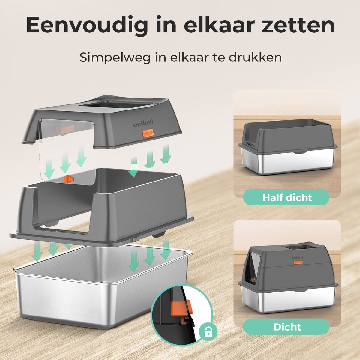 Miniatuur van productfoto 7 van Cellavi Premium Kattenbak RVS - XL - Geschikt voor Grote en Kleine Katten - Incl. Kattenbakschep en Grit Opvanger - Grijs - 60x40x38 cm