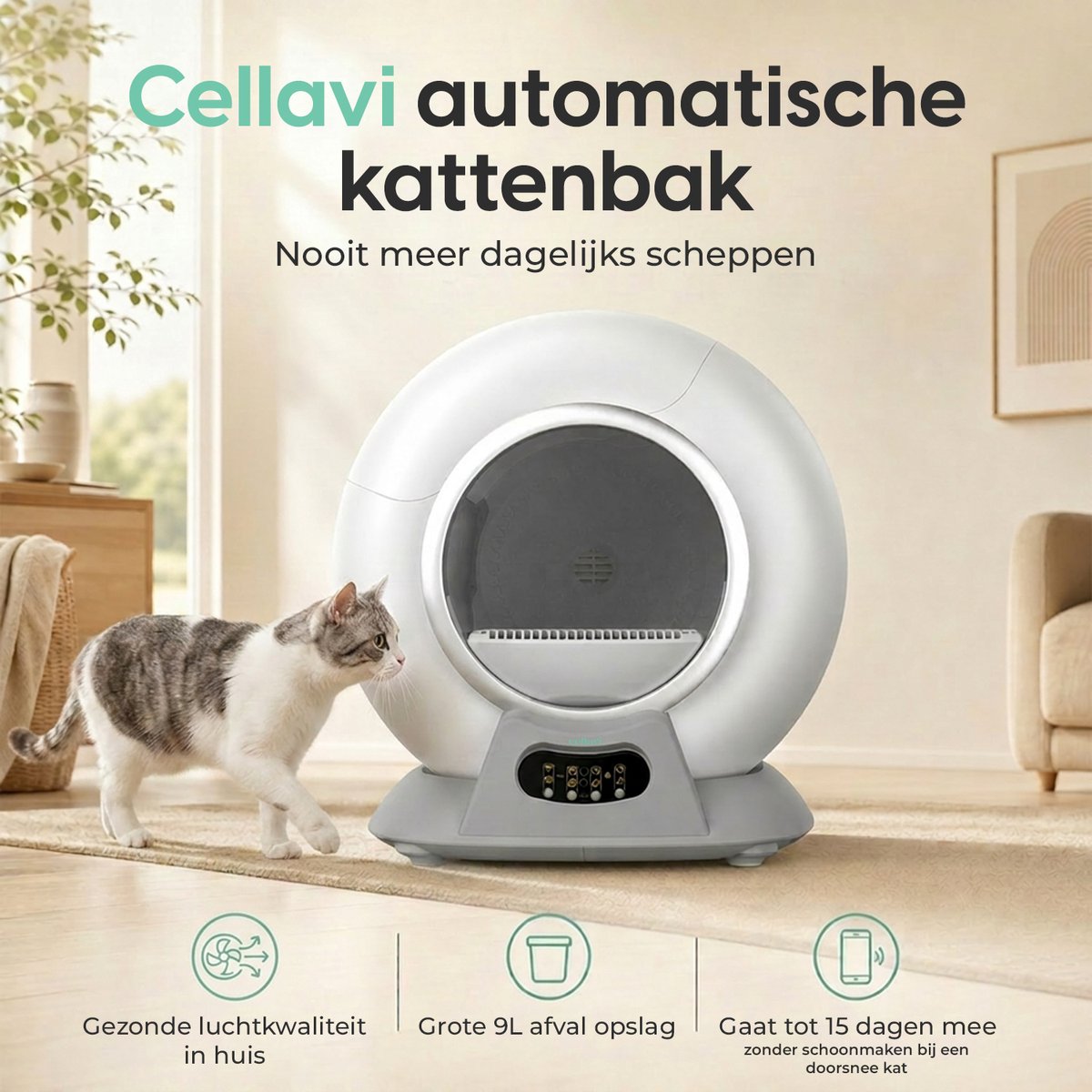 Miniatuur van productfoto 5 van Cellavi VI-B - Automatische kattenbak - Zelfreinigende kattenbak XXL - Voor Grote en Kleine Katten - Bedienen via App - 65L