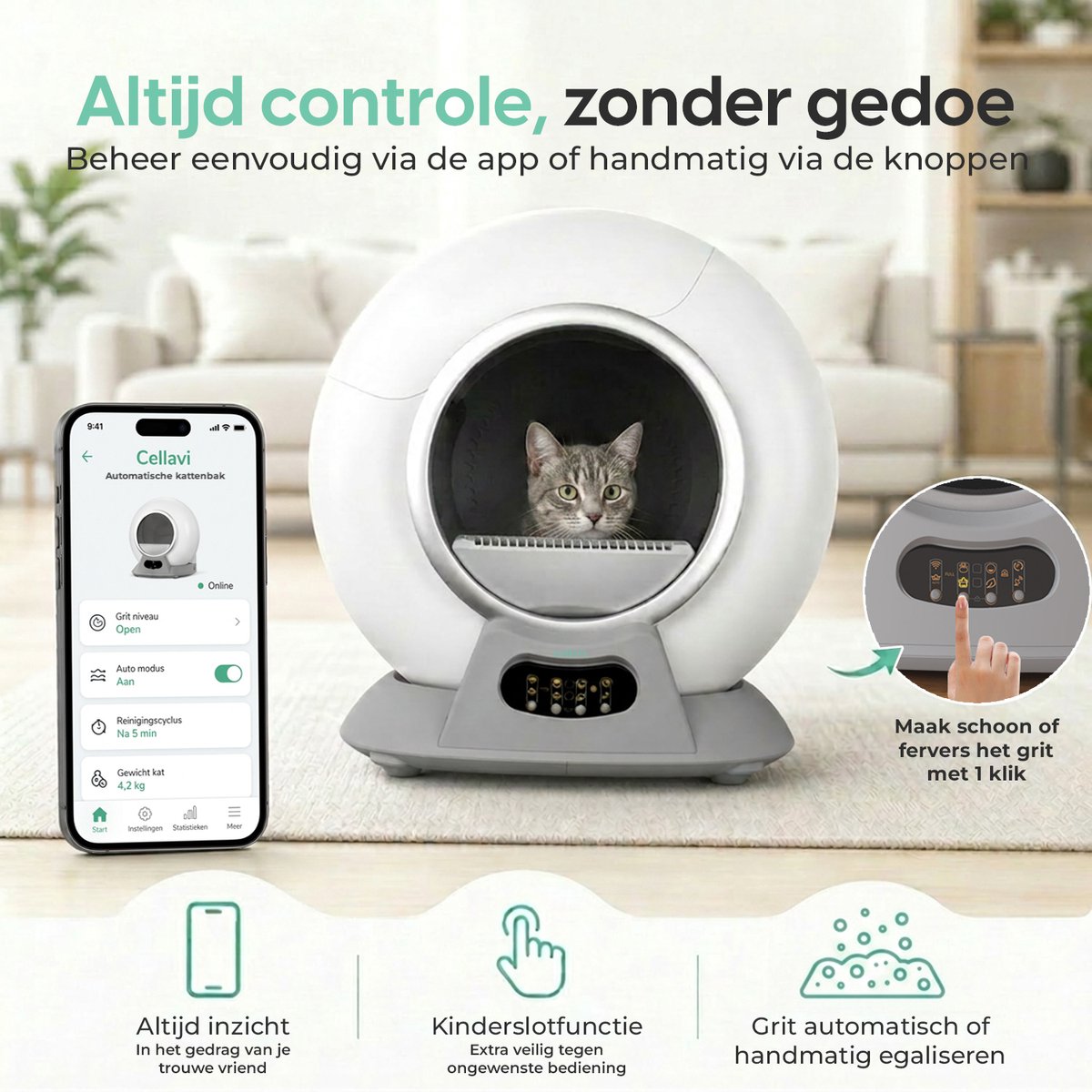 Miniatuur van productfoto 6 van Cellavi VI-B - Automatische kattenbak - Zelfreinigende kattenbak XXL - Voor Grote en Kleine Katten - Bedienen via App - 65L