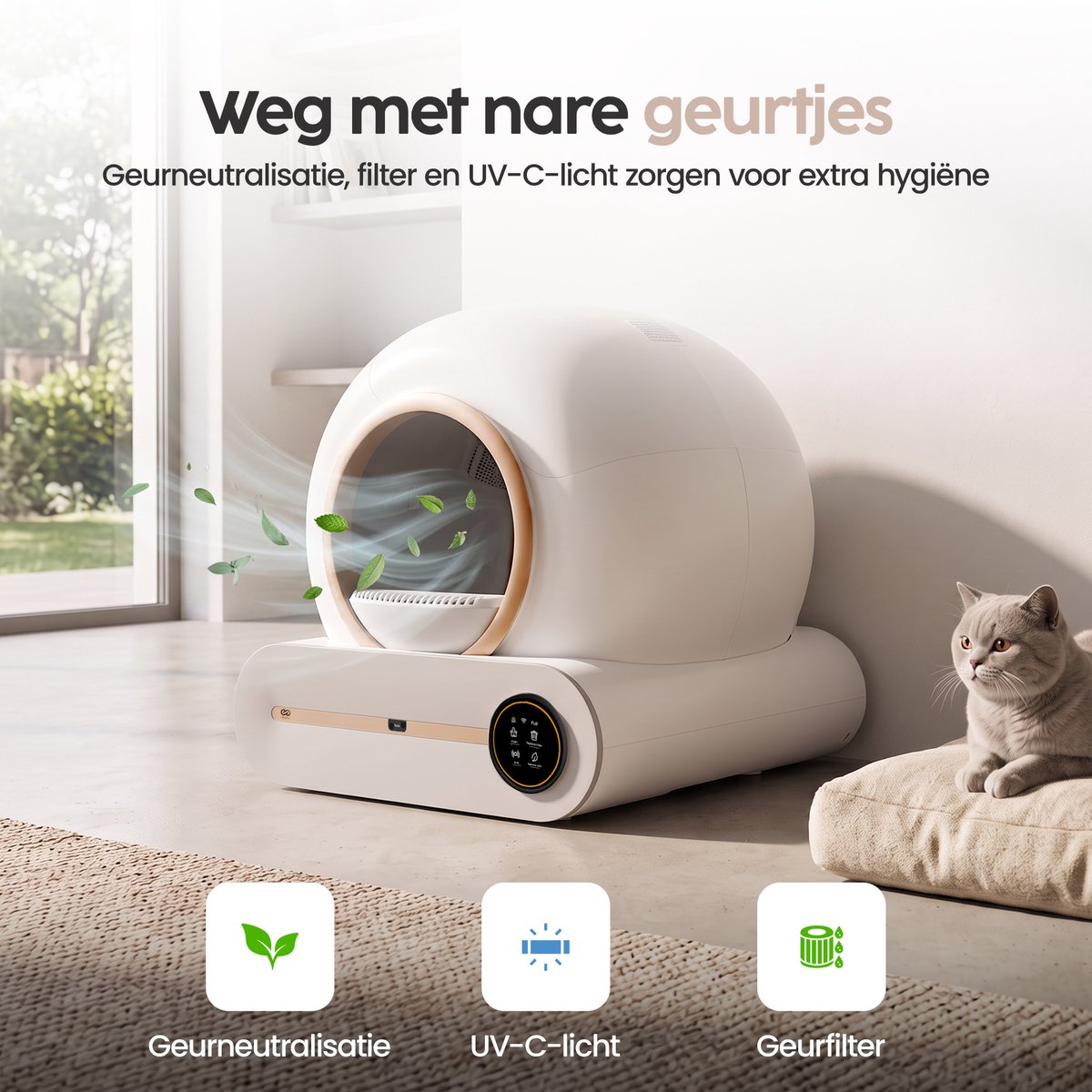 Miniatuur van productfoto 6 van Infinity Goods Automatische Kattenbak XXL - Zelfreinigende Kattenbak - Incl. App - 75L - Met Kattenbakmat en 3 Rollen Opbergzakjes - Wit/Roségoud