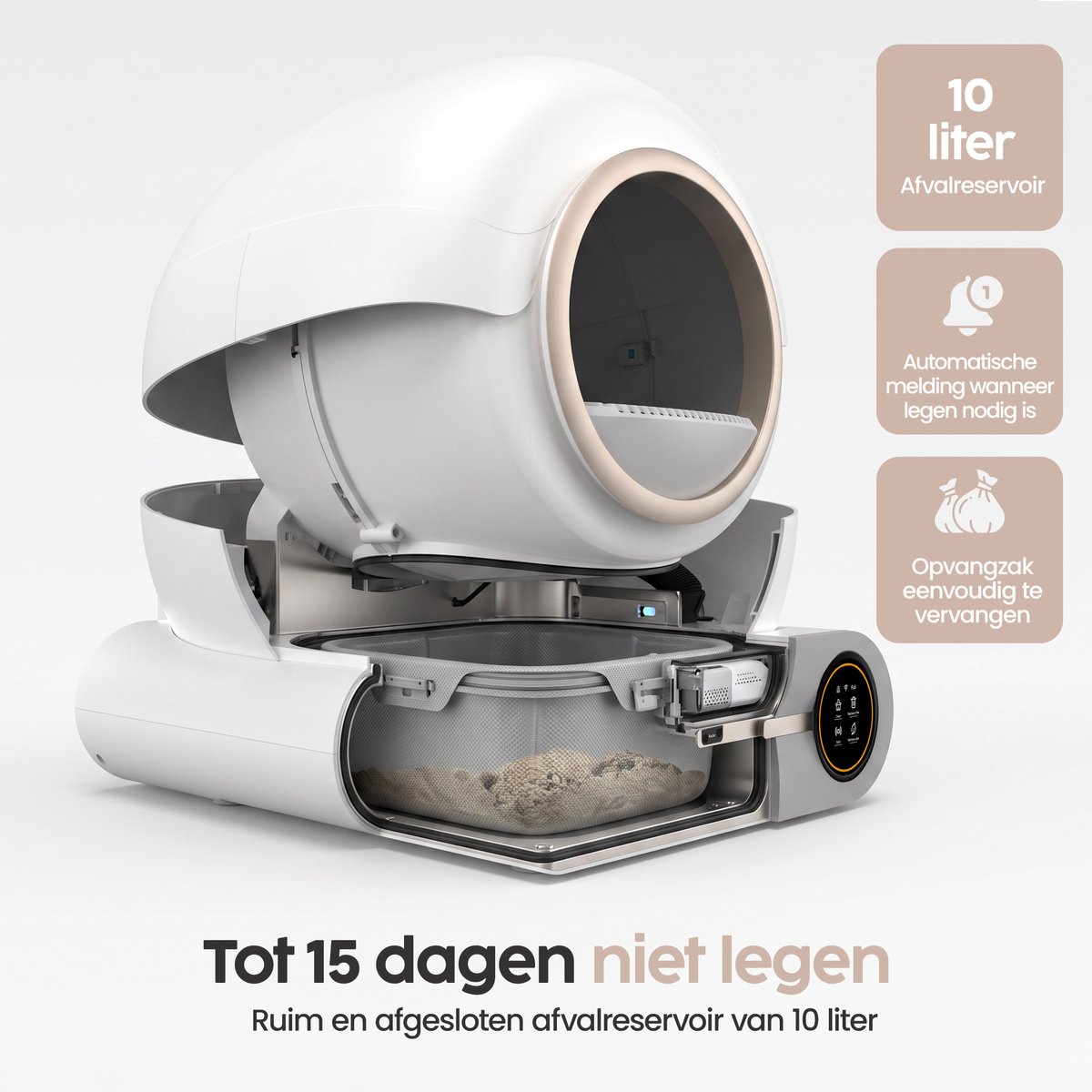 Miniatuur van productfoto 8 van Infinity Goods Automatische Kattenbak XXL - Zelfreinigende Kattenbak - Incl. App - 75L - Met Kattenbakmat en 3 Rollen Opbergzakjes - Wit/Roségoud