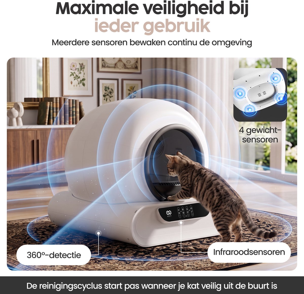 Productfoto 1 van Infinity Goods Automatische Kattenbak XXL - Zelfreinigende Kattenbak - Incl. App - 75L - Met Kattenbakmat en 3 Rollen Opbergzakjes