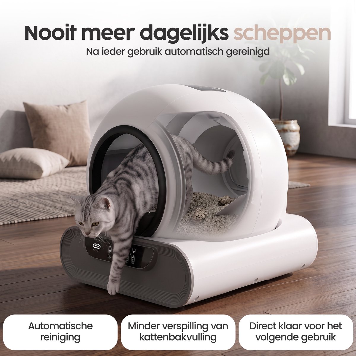 Miniatuur van productfoto 10 van Infinity Goods Automatische Kattenbak XXL - Zelfreinigende Kattenbak - Incl. App - 75L - Met Kattenbakmat en 3 Rollen Opbergzakjes