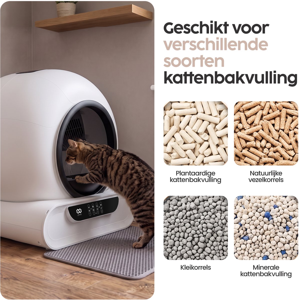 Miniatuur van productfoto 2 van Infinity Goods Automatische Kattenbak XXL - Zelfreinigende Kattenbak - Incl. App - 75L - Met Kattenbakmat en 3 Rollen Opbergzakjes