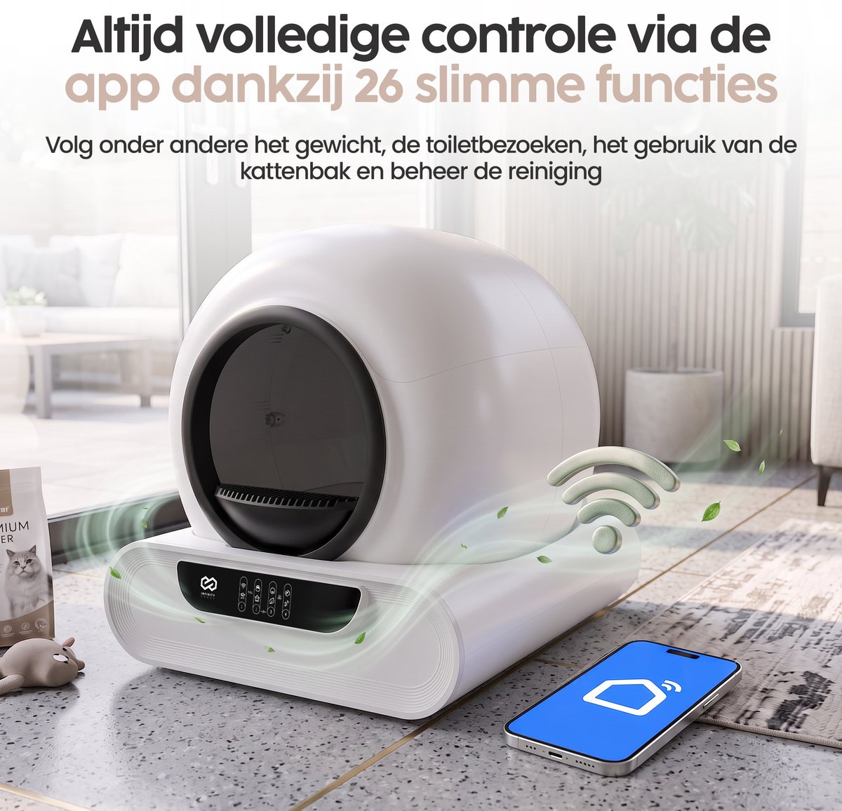 Miniatuur van productfoto 3 van Infinity Goods Automatische Kattenbak XXL - Zelfreinigende Kattenbak - Incl. App - 75L - Met Kattenbakmat en 3 Rollen Opbergzakjes