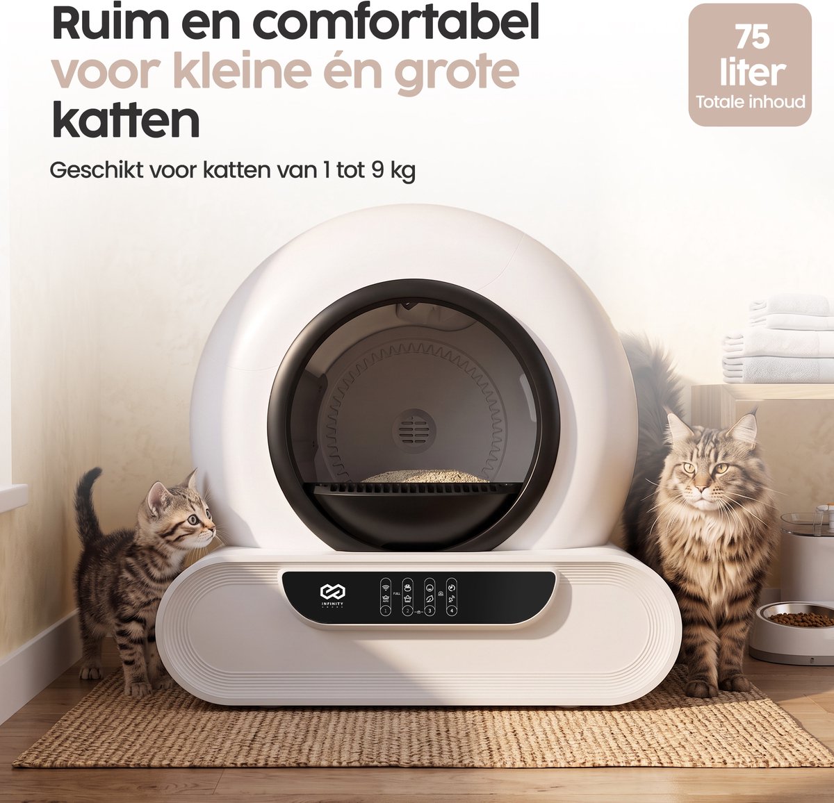 Miniatuur van productfoto 4 van Infinity Goods Automatische Kattenbak XXL - Zelfreinigende Kattenbak - Incl. App - 75L - Met Kattenbakmat en 3 Rollen Opbergzakjes