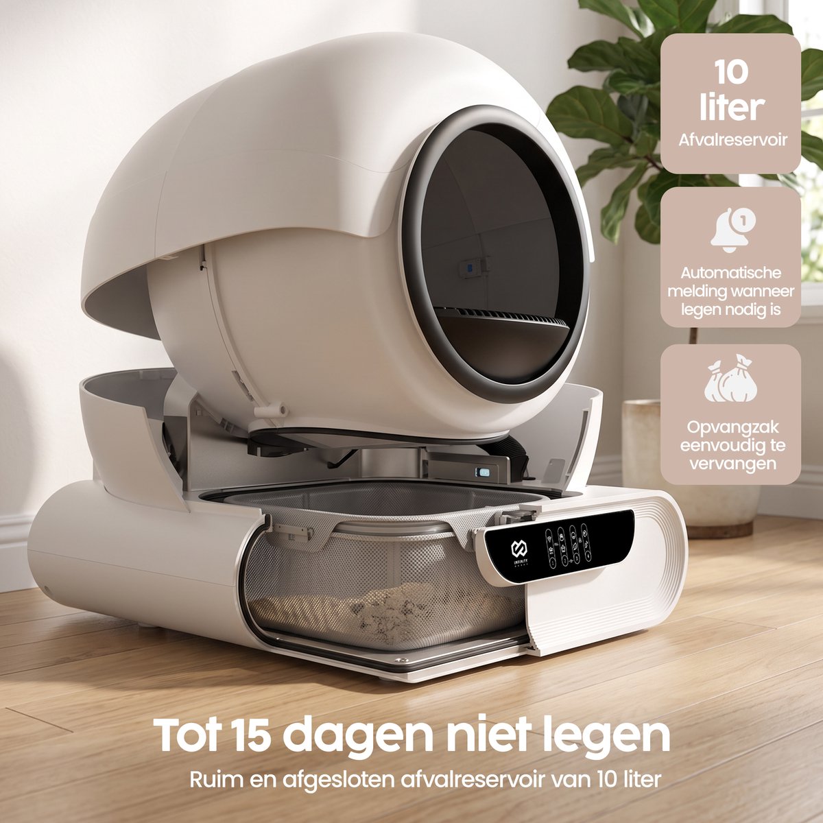 Miniatuur van productfoto 5 van Infinity Goods Automatische Kattenbak XXL - Zelfreinigende Kattenbak - Incl. App - 75L - Met Kattenbakmat en 3 Rollen Opbergzakjes
