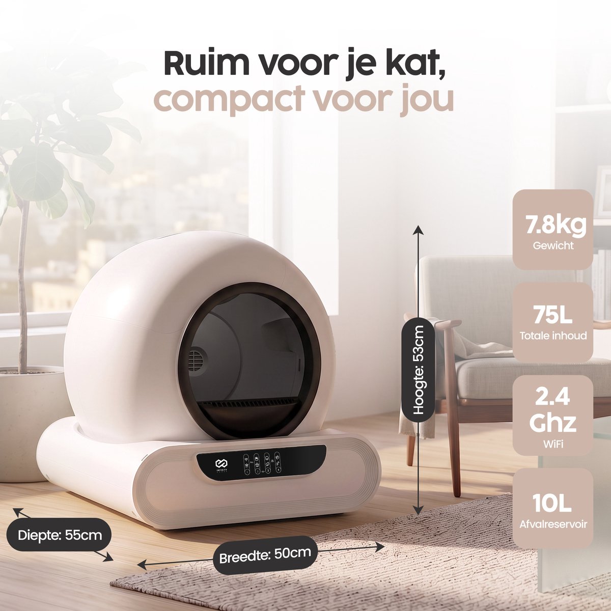 Miniatuur van productfoto 8 van Infinity Goods Automatische Kattenbak XXL - Zelfreinigende Kattenbak - Incl. App - 75L - Met Kattenbakmat en 3 Rollen Opbergzakjes