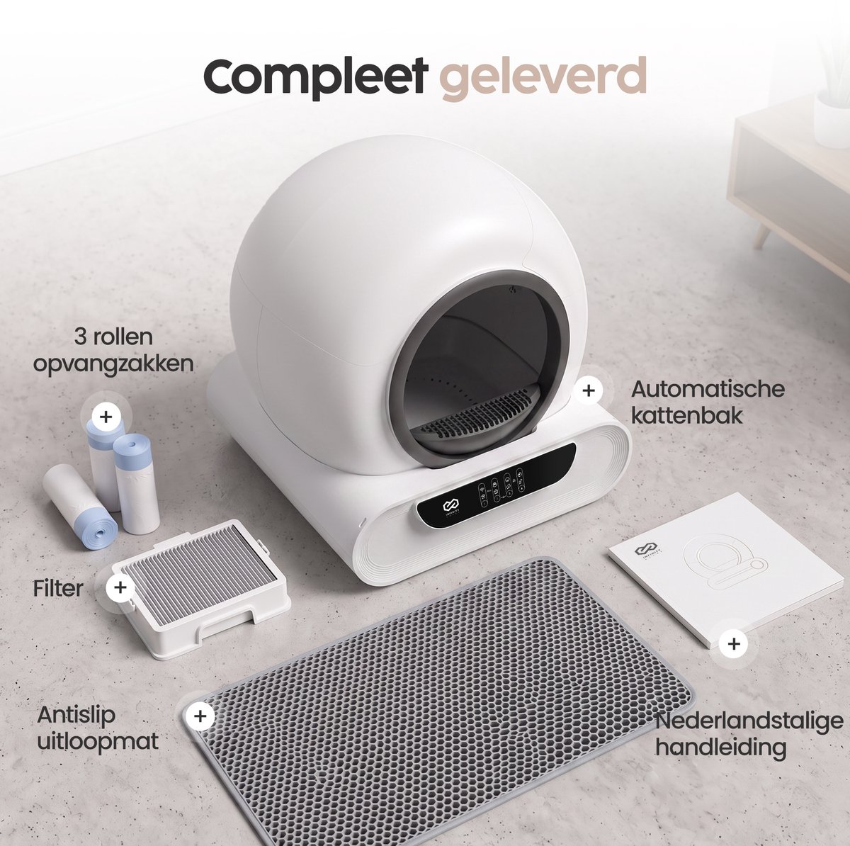 Miniatuur van productfoto 9 van Infinity Goods Automatische Kattenbak XXL - Zelfreinigende Kattenbak - Incl. App - 75L - Met Kattenbakmat en 3 Rollen Opbergzakjes
