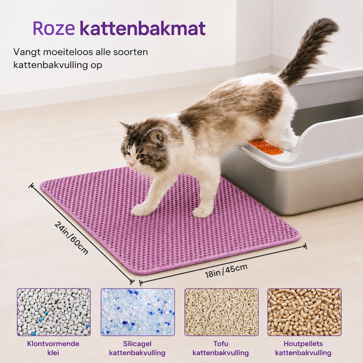 Miniatuur van productfoto 9 van BOTC Kattenbakmat XL - Dubbellaags - 60x45 cm - Waterdicht - Urinebestendige opvangmat - 1 stuk - Roze