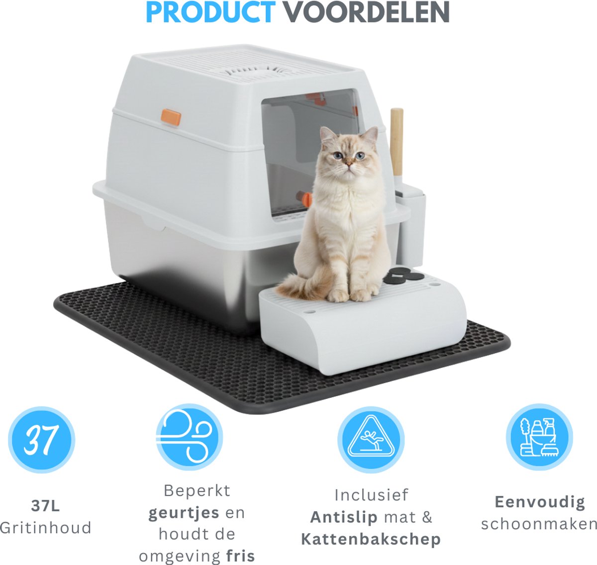 Productfoto 1 van Livista RVS Kattenbak - Kattentoilet Roestvrijstaal - Incl. Kattenbakschep met Houder en Gritopvang Opstapje - 2 in 1 Open Kattenbak met Afneembare Deksel - 60x40x38cm - Wit