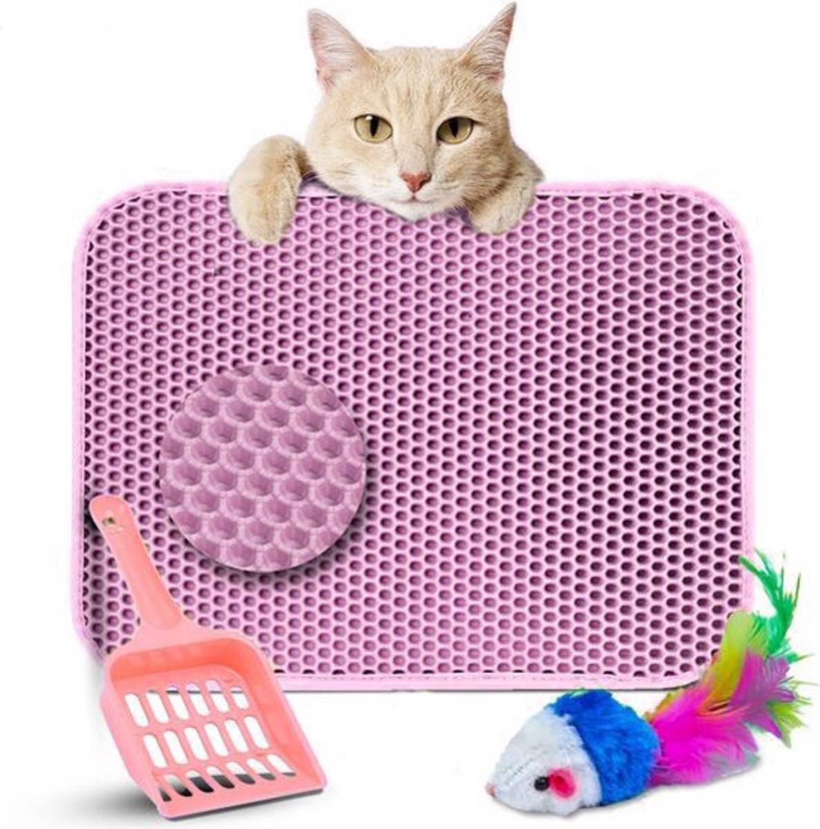 Productfoto 1 van TEBJEN Kattenbakmat – 40cm * 50cm - Kattenbak Mat Grit Opvanger - Schoonloop Katten mat – Dubbele Waterdichte Laag – Uitloopmat Kattenbak – Kattenbak Accessoires - Met Speelgoedmuisje En Schepje - Roze