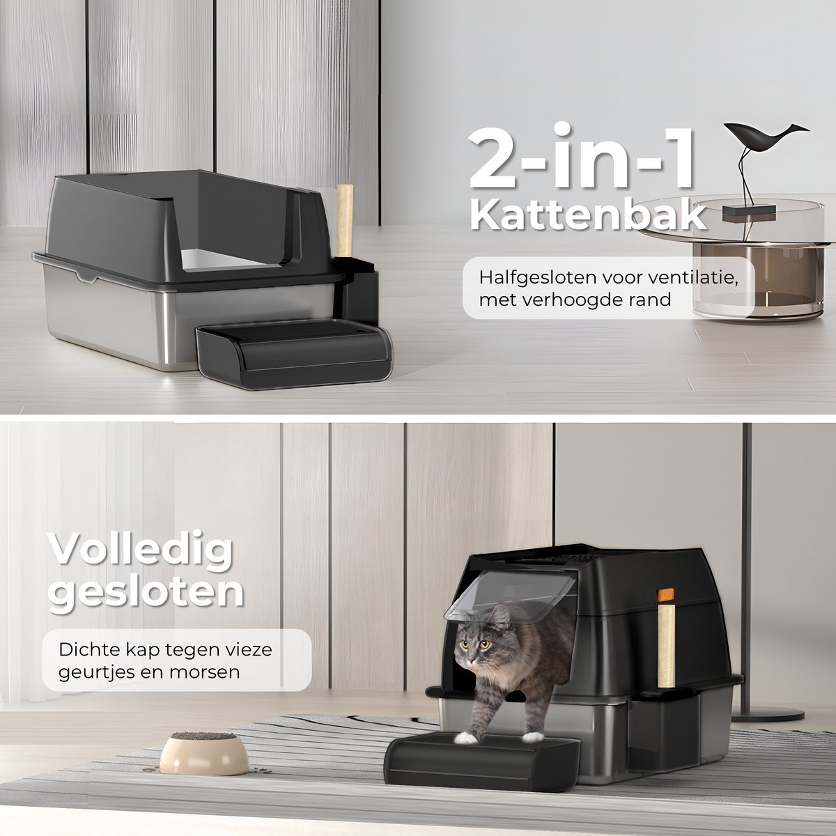 Miniatuur van productfoto 3 van CatElite® - Premium Kattenbak XXL RVS | Base - Incl. Geurneutralisator - Incl. Kattenbakschep, Grit Opvanger & Uitloopmat - Voor Grote & Kleine Katten - 37L Inhoud Groot - Zwart