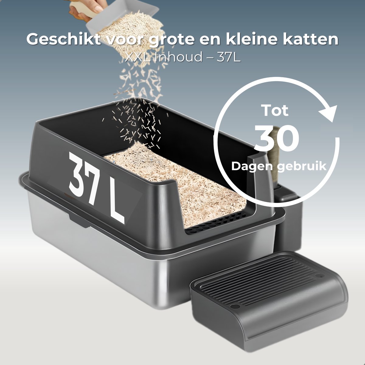 Miniatuur van productfoto 9 van CatElite® - Premium Kattenbak XXL RVS | Base - Incl. Geurneutralisator - Incl. Kattenbakschep, Grit Opvanger & Uitloopmat - Voor Grote & Kleine Katten - 37L Inhoud Groot - Zwart
