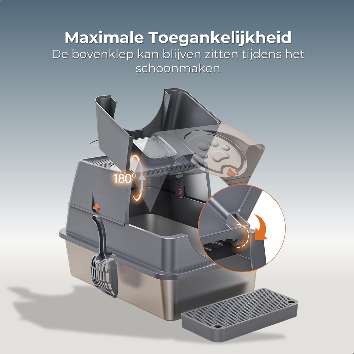 Productfoto 1 van CatElite® - Kattenbak RVS met Klep | Shell - Incl. Geurneutralisator - Incl. Kattenbakschep, Grit Opvanger & Uitloopmat - Voor Grote & Kleine Katten - 35L Inhoud - Donker Grijs