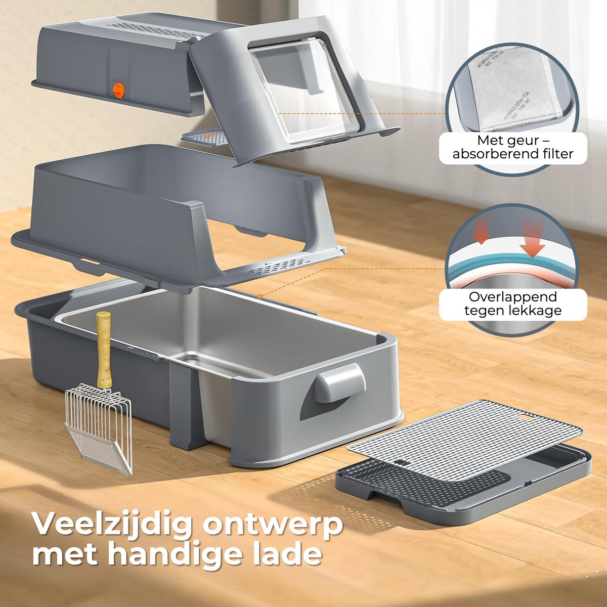 Productfoto 1 van CatElite® - Kattenbak RVS met Lade | Nest - Incl. Geurneutralisator - Incl. Kattenbakschep & Grit Opvanger - Voor Grote & Kleine Katten - 37L Inhoud Groot - Donker Grijs