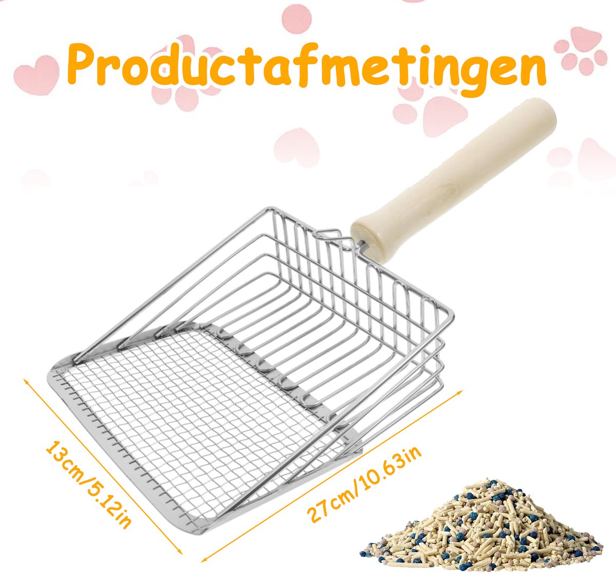 Miniatuur van productfoto 4 van Ynkkvre - Kattenbak Schep - Metalen Kattenbak Schep met Comfortabel Houten Handvat - Zandafstand 7 mm - Kattenbak Accessoire - Katten Schep