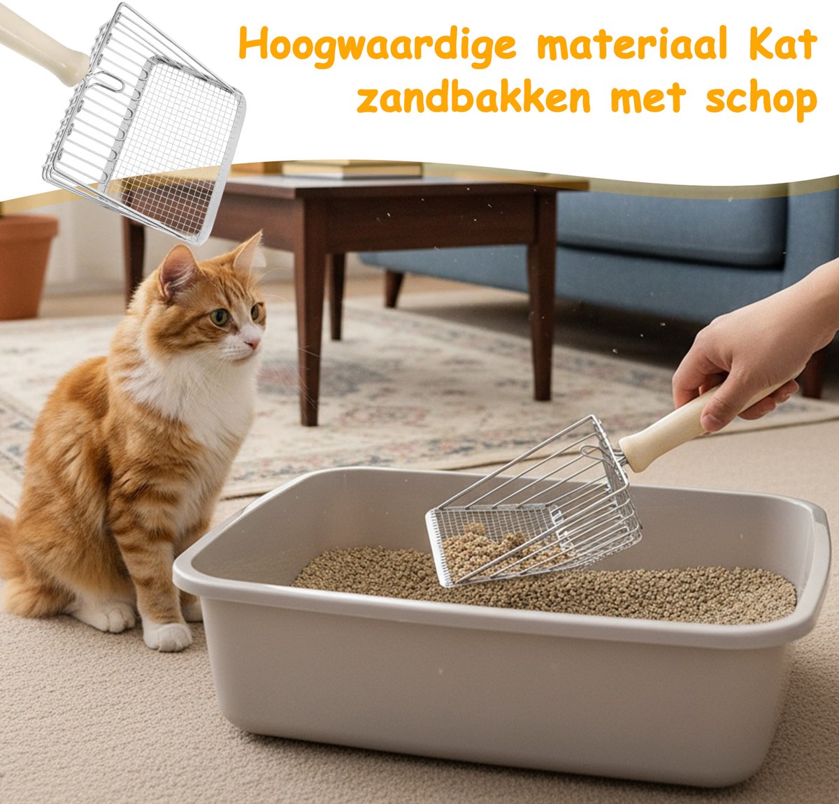 Miniatuur van productfoto 5 van Ynkkvre - Kattenbak Schep - Metalen Kattenbak Schep met Comfortabel Houten Handvat - Zandafstand 7 mm - Kattenbak Accessoire - Katten Schep