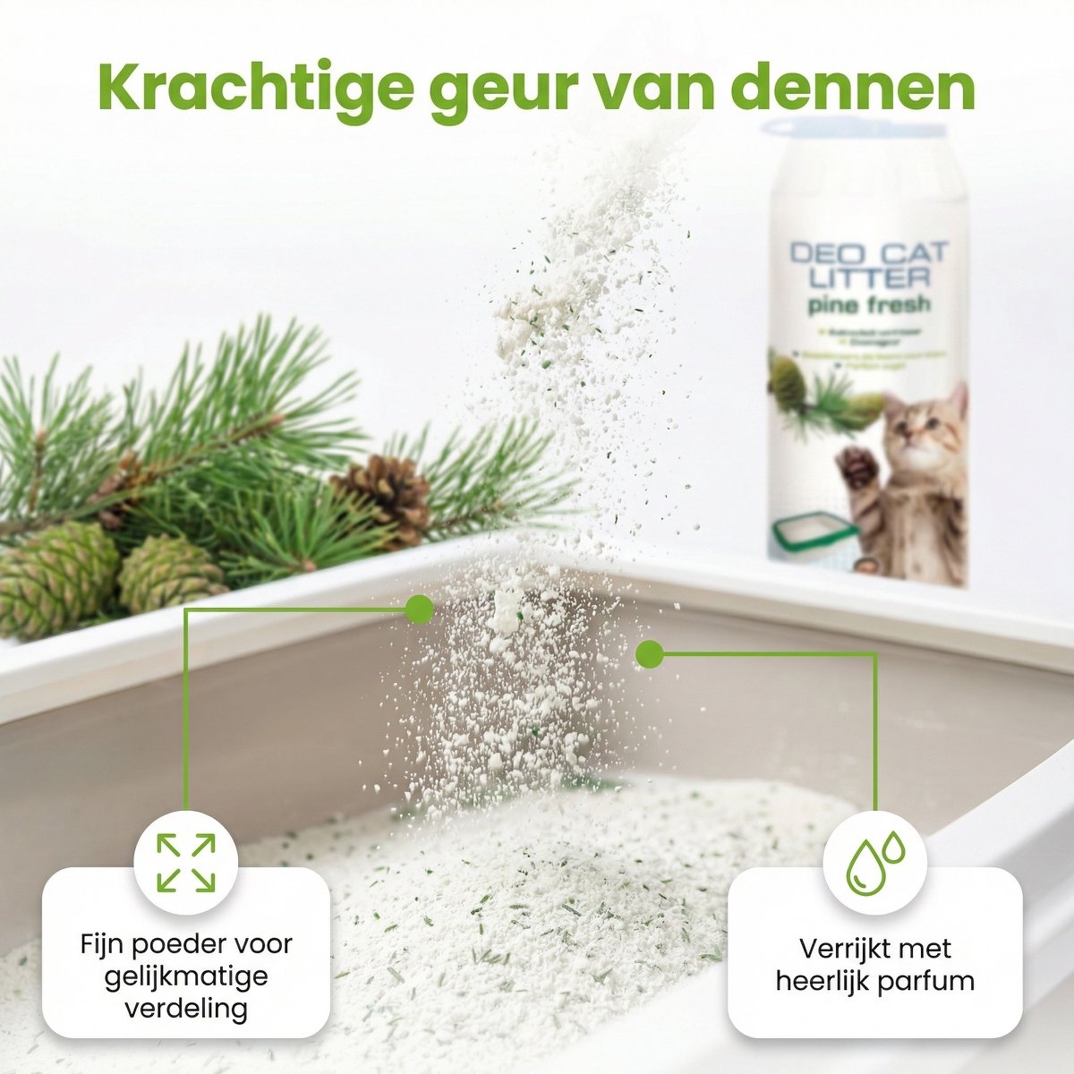 Miniatuur van productfoto 2 van 1 x The Pet Doctor – Kattenbak Verfrisser – Deo - Cat Litter Pine Fresh – 750 g - Kattenbak Geur Neutraliseren - Kattenbak Deodorant - Geurverdrijver Kattenbak - Kattenbak Frisse Geur