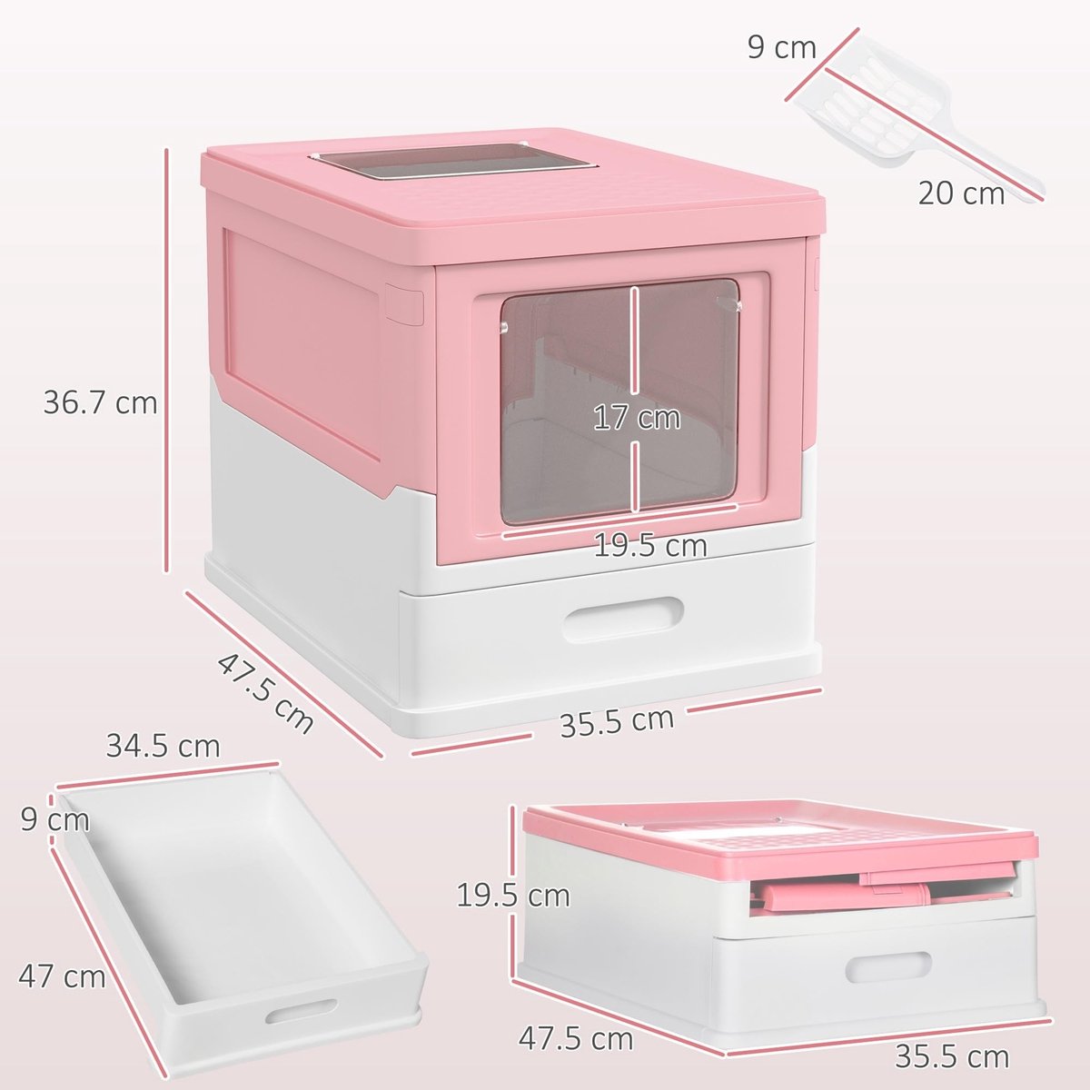 Productfoto 1 van Kattenbak met Deksel – Katten Toilet met Kap & Schep – Voor Katten tot 5 kg – Roze
