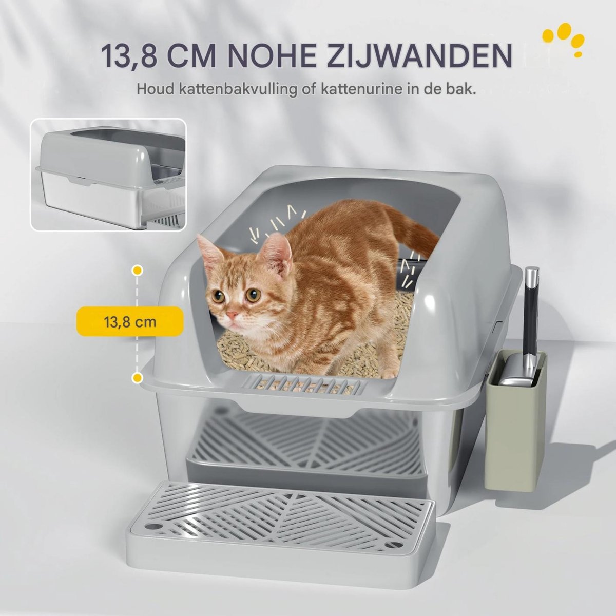 Miniatuur van productfoto 2 van RVS Kattenbak XXL Zonder Deksel – Met Schepje, Hoge Rand, Mat & Opbergbox – Lichtgrijs