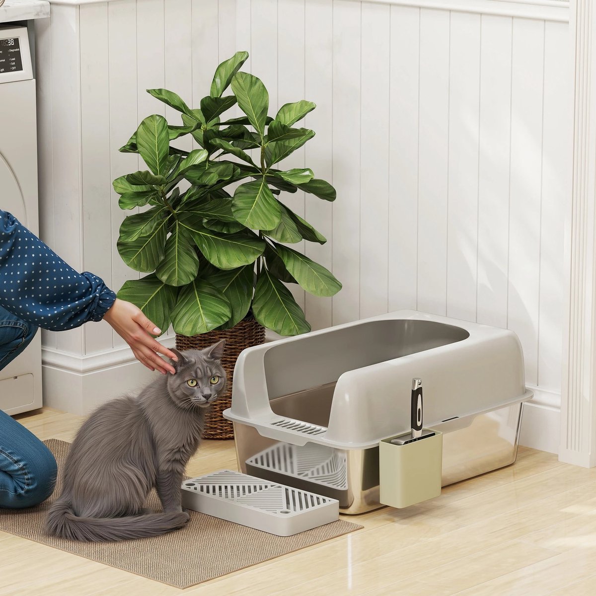 Miniatuur van productfoto 5 van RVS Kattenbak XXL Zonder Deksel – Met Schepje, Hoge Rand, Mat & Opbergbox – Lichtgrijs