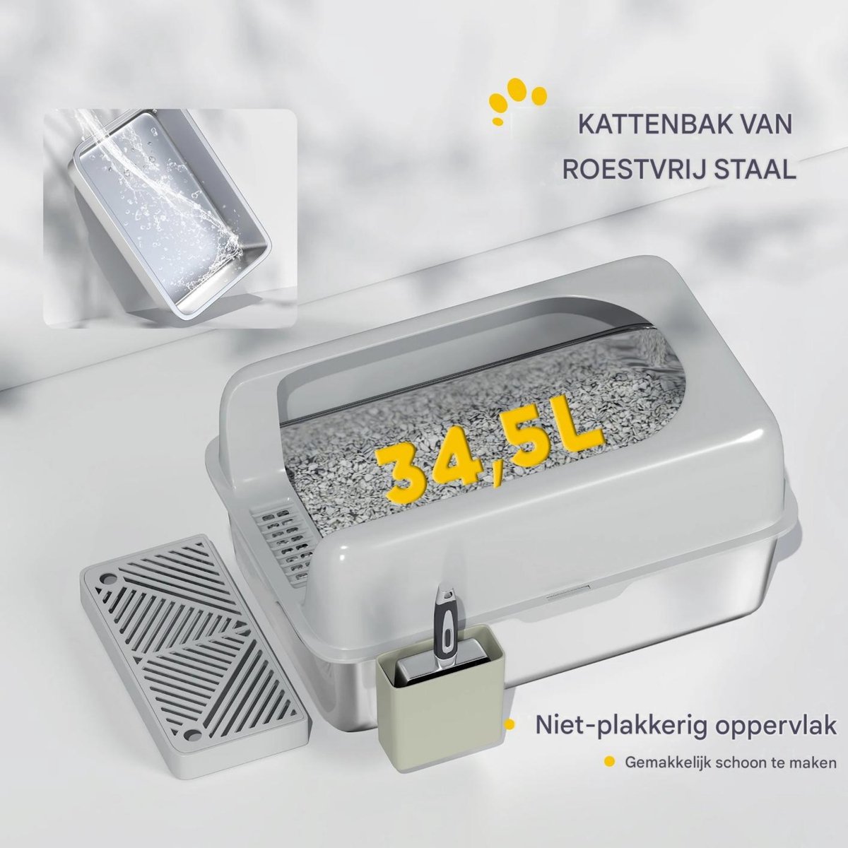 Miniatuur van productfoto 6 van RVS Kattenbak XXL Zonder Deksel – Met Schepje, Hoge Rand, Mat & Opbergbox – Lichtgrijs