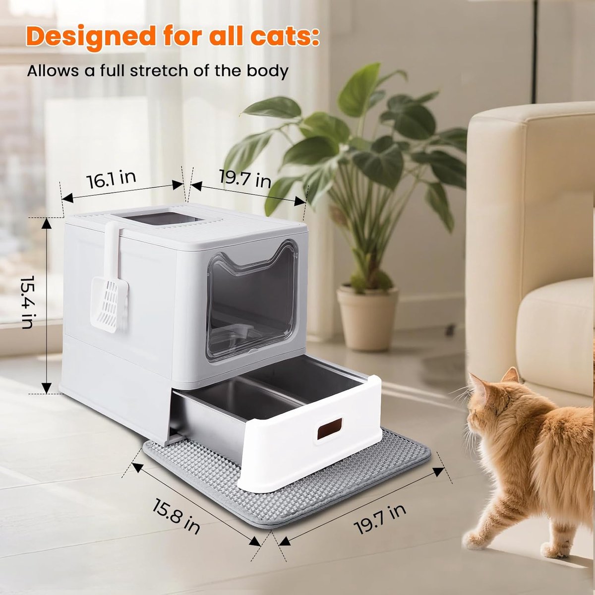 Miniatuur van productfoto 2 van Famanu – Kattentoilet - roestvrijstalen kattenbak met deksel en uittrekbaar dienblad - hop in kattenbak XXL met kattenbakmat en schep voor katten tot 15 kg - eenvoudige reiniging - lekvrij