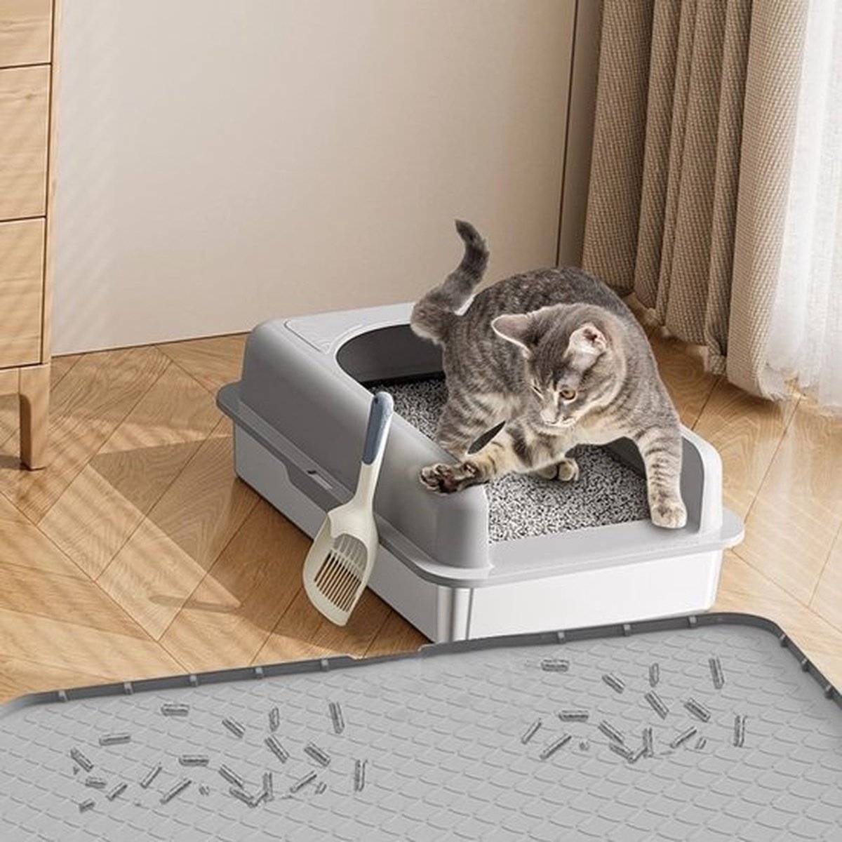 Miniatuur van productfoto 2 van Grote siliconen kattenbakmat 88 × 56 cm - Lekvrije mat voor de kattenbak - Waterdicht, antislip, gemakkelijk schoon te maken - Katvriendelijk ontwerp, geschikt voor voerbakken en kattenbakken - Zwart