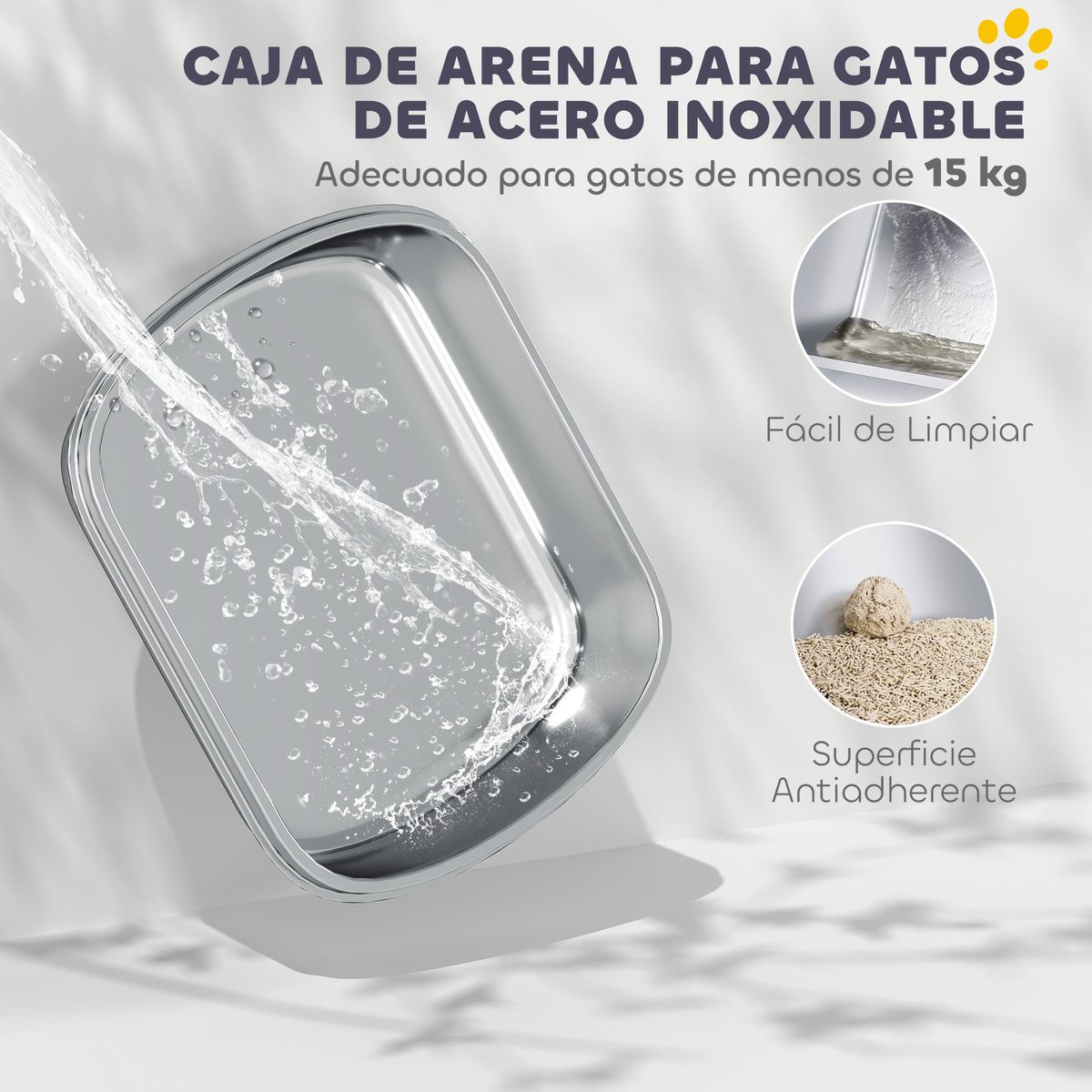 Productfoto 1 van Extra Grote Kattenbak van Roestvrij Staal met Hoge Rand - Inclusief Schepje & Uitloopmatje - Geurvrij - Makkelijk Schoon te Maken - Grijs
